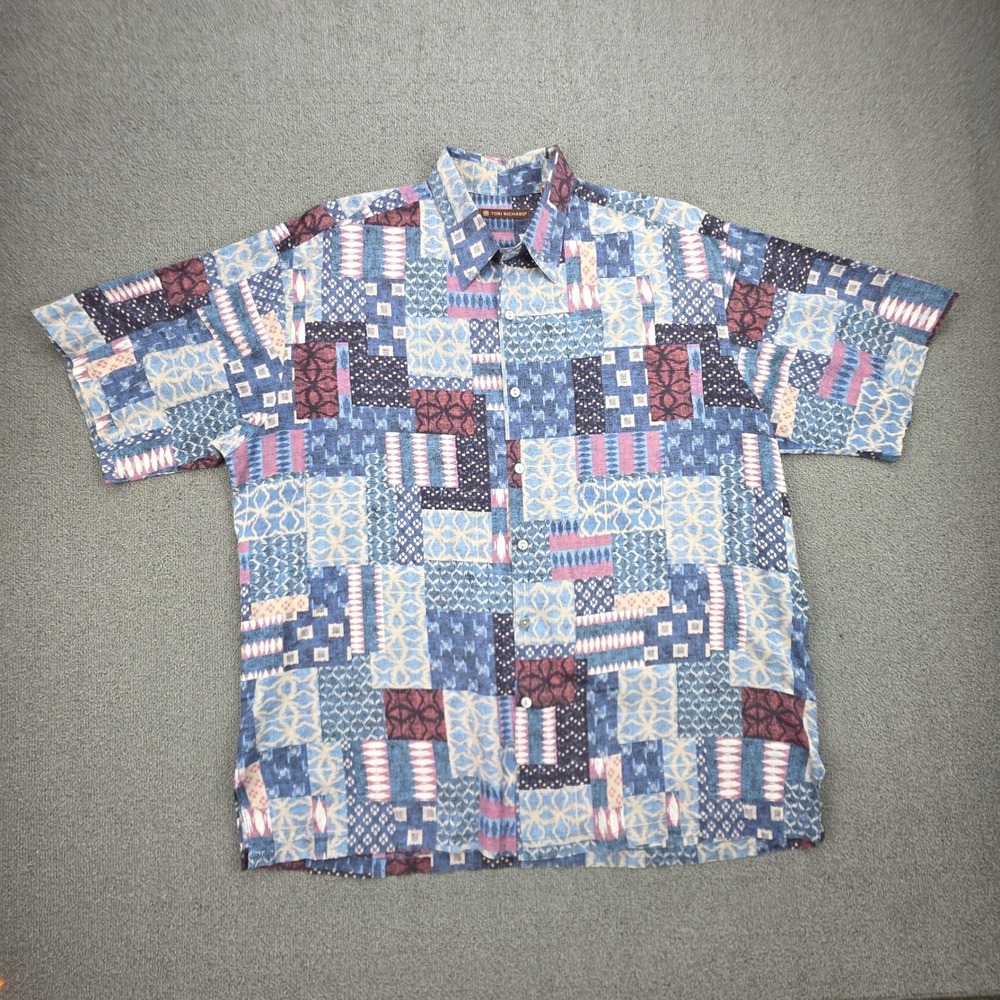 Tori Richard Geometric Patchwork Aloha‎ Shirt Mens Blue Cotton Lawn L